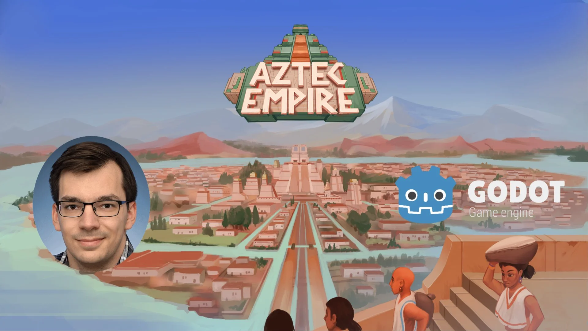 Bild zeigt ein Foto von Jannik vor einem Ausschnitt aus dem Spiel Aztec Empire. Über dem Foto von Jannik ist eine Überschrift mit dem Titel des Events zu sehen.